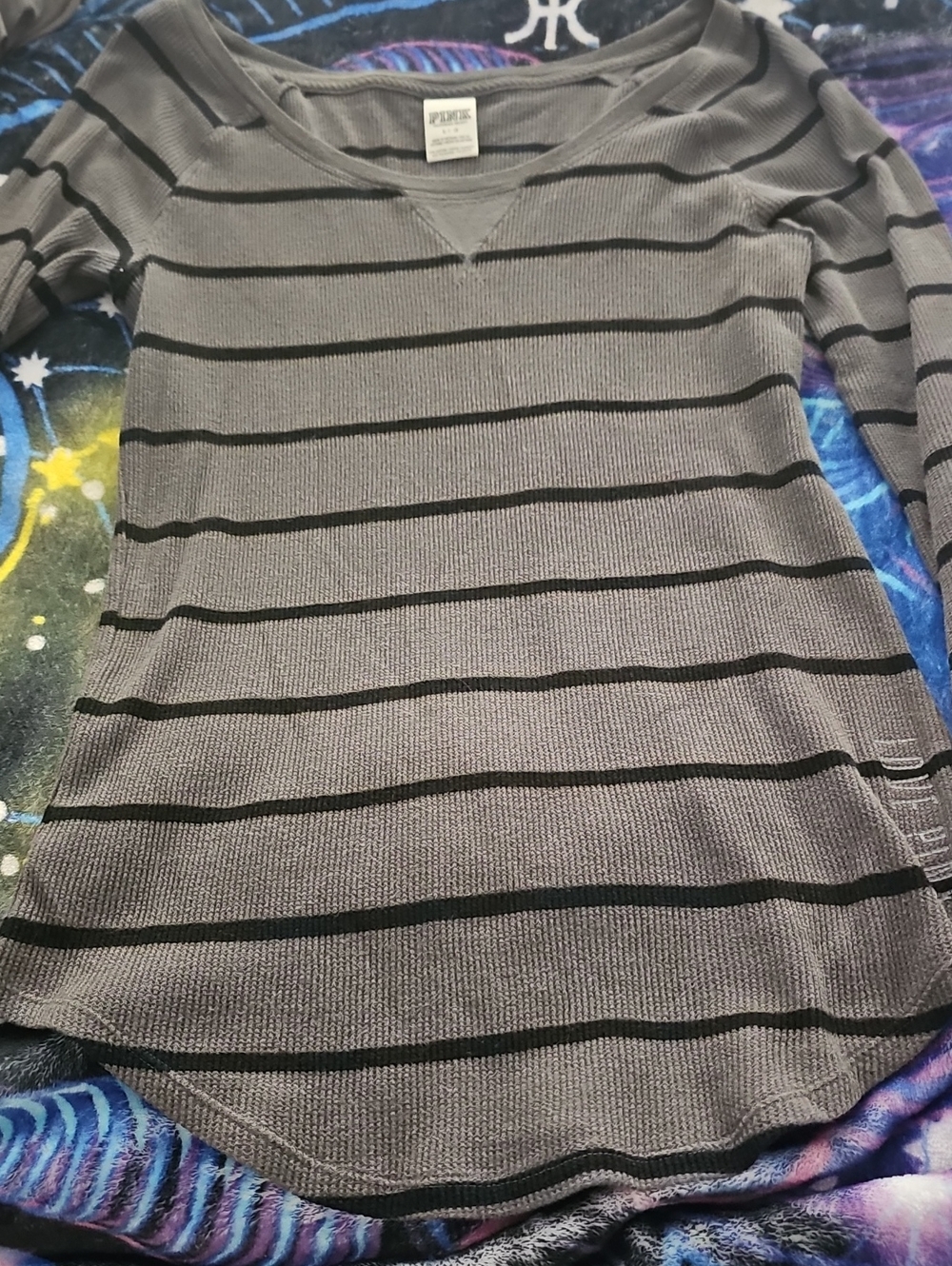 PINK Victoria's Secret Gray and Black Striped Crewneck Sweater
